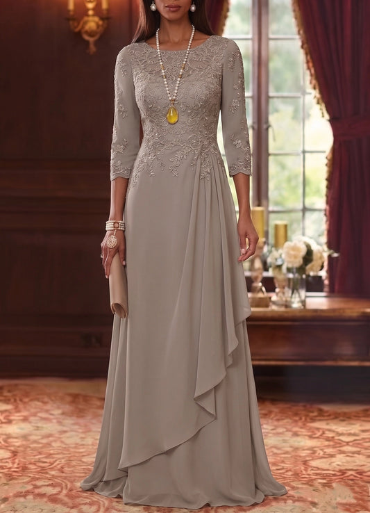 roselledress taupe lace applique a line mother of the bride dresses front view round neck three quarter sleeve cascading ruffle chiffon floor length church wedding gown