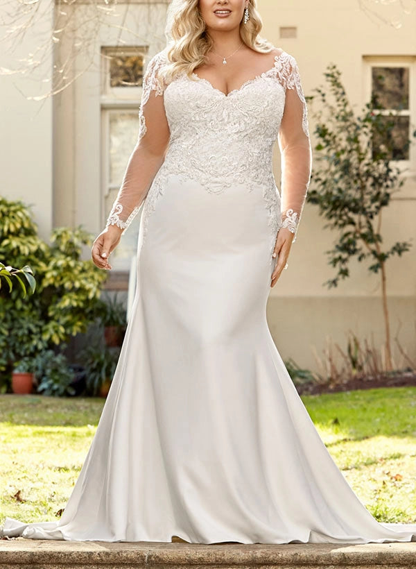 roselledress plus size mermaid sheer long sleeve lace satin wedding dress