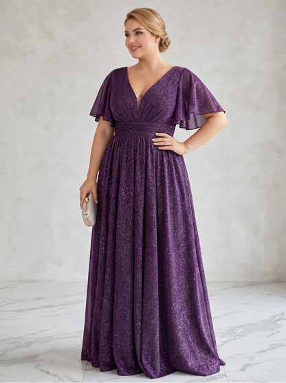 roselledress deep purple glitter a‑line plus‑size prom dress v‑neck sheer flutter sleeves