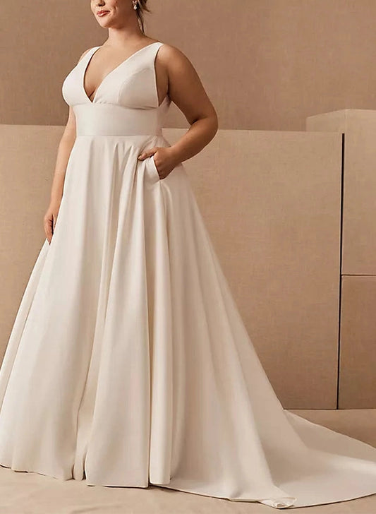 roselledress plus‑size sleeveless deep v satin a‑line wedding dress with pockets