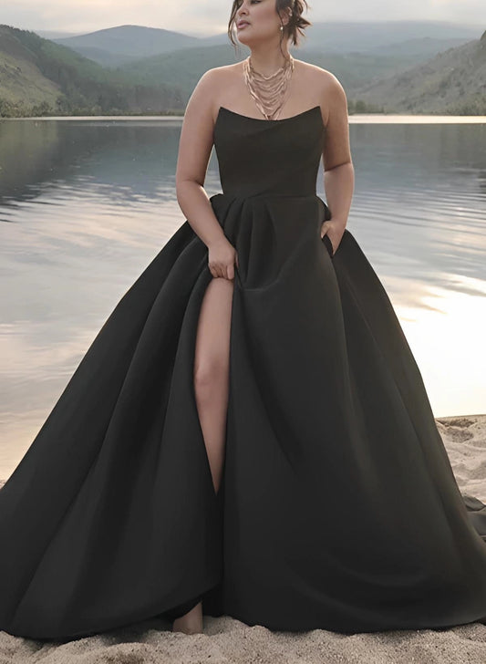 roselledress plus‑size strapless satin a‑line wedding dress with high slit and pockets