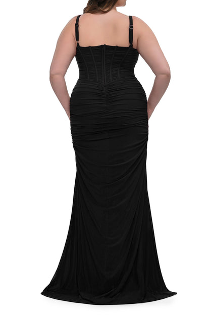 roselledress black plus size mermaid wedding guest dress adjustable straps corset back zipper closure ruched mesh gown back view