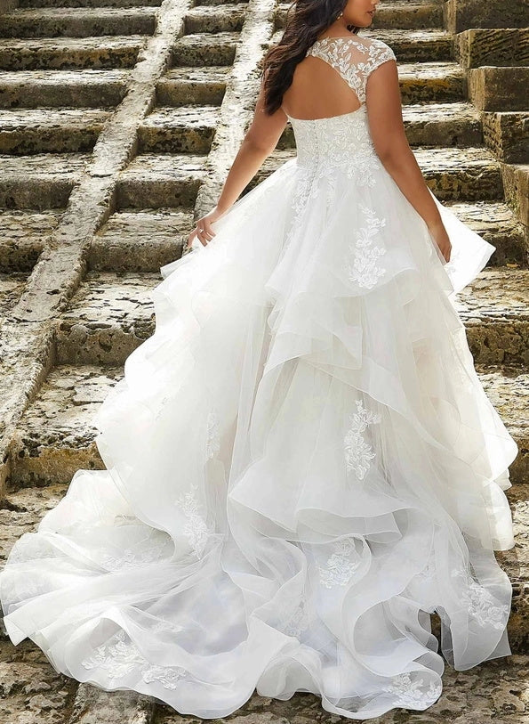 roselledress sheer hollow back lace applique ruffled tulle plus‑size bridal gown back view