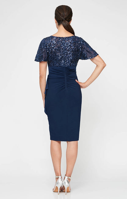 roselledress closed back navy sequin sheath dress gathered waist flutter sleeve mother of the bride formal wear back view