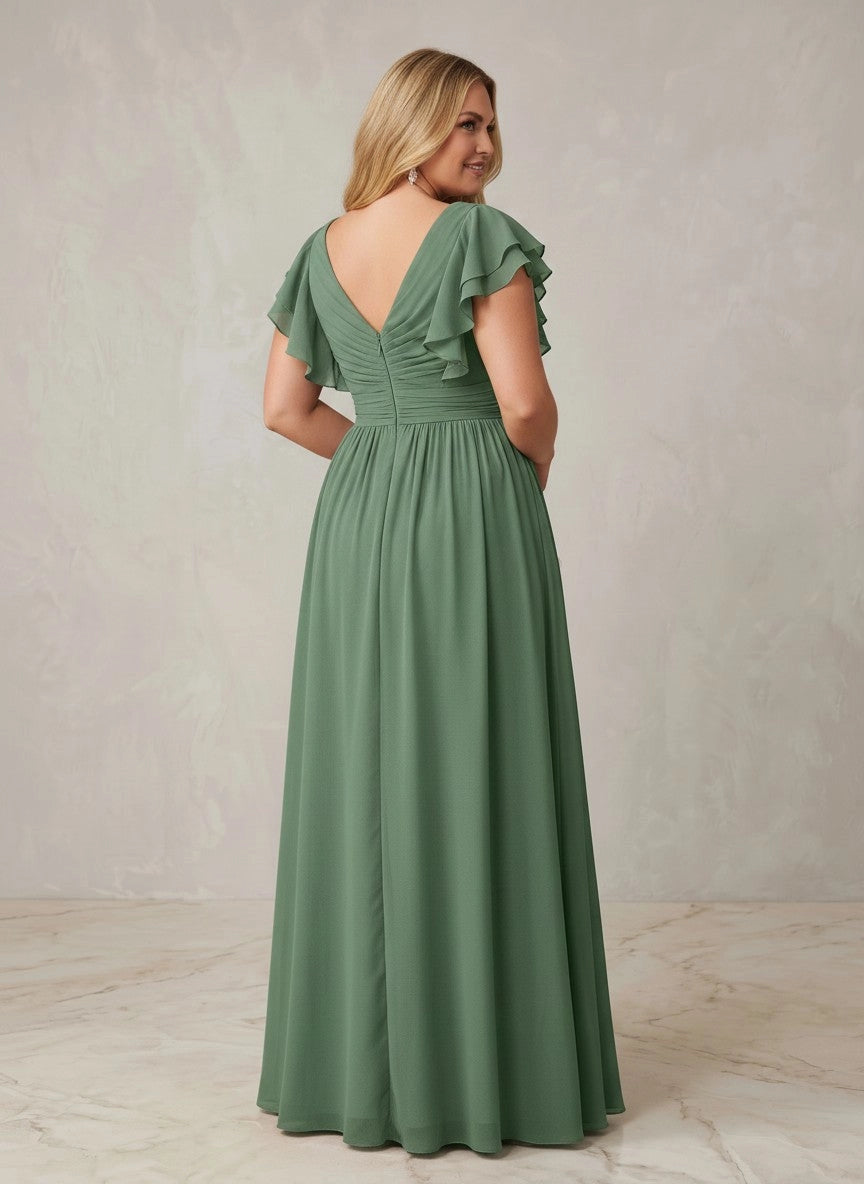 back view of roselledress deep v‑back ruched plus‑size a‑line chiffon prom dress