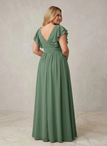 back view of roselledress deep v‑back ruched plus‑size a‑line chiffon prom dress