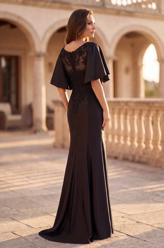 roselledress sheer illusion back black satin mermaid gown floral lace embroidered flutter sleeve mother of the bride formal wear back view