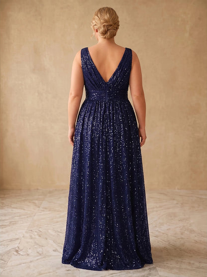  Deep v‑back detail of navy sparkly plus‑size high‑low formal evening gown