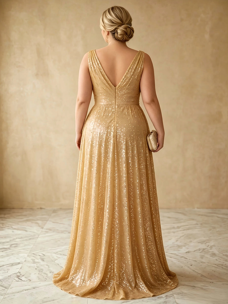 Deep v‑back zipper detail of glitter gold curvy long formal prom gown