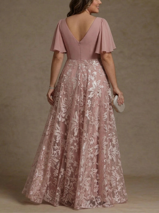 roselledress deep v zipper back dusty pink lace maxi dress plus size curvy mother of the bride formal wear back view