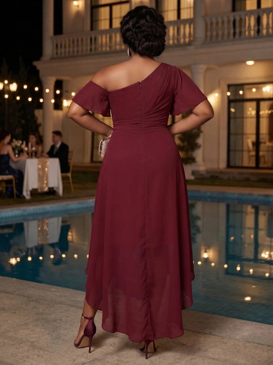 Ruched zipper‑back detail of wine‑red asymmetrical high‑low curvy formal gown