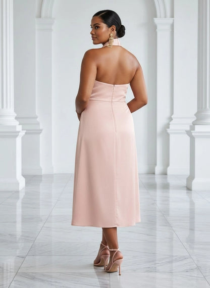 Open‑back centre zipper detail of blush satin curvy formal midi gown