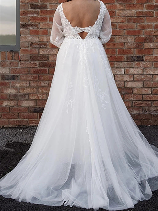 roselledress floral lace keyhole hollow back sheer long sleeve plus‑size bridal gown back view

