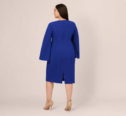 roselledress closed back royal blue crepe sheath dress cape sleeve back slit plus size mother of the bride formal wear back view