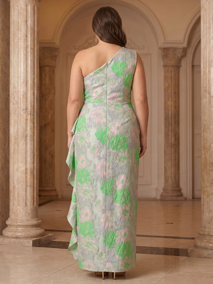 Floral Sheath One‑Shoulder Sleeveless Zipper‑Back Slit Floor‑Length Plus Size Prom Dress