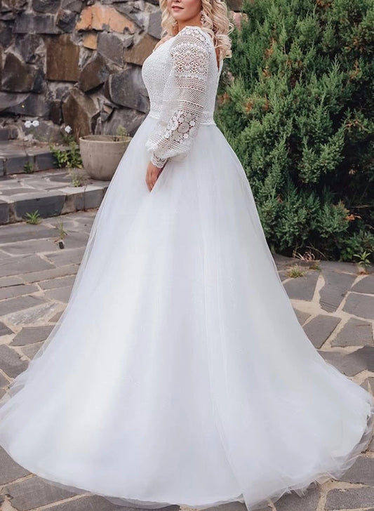 roselledress scalloped deep‑v neck floral crochet lace puff bell sleeve bridal gown close‑up