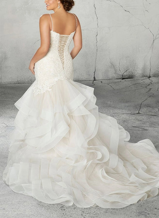 roselledress corset lace‑up back thin strap layered ruffle mermaid plus‑size bridal gown back view