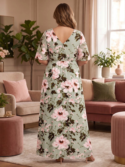 roselledress deep v‑back sage floral chiffon curvy long casual formal gown rear view