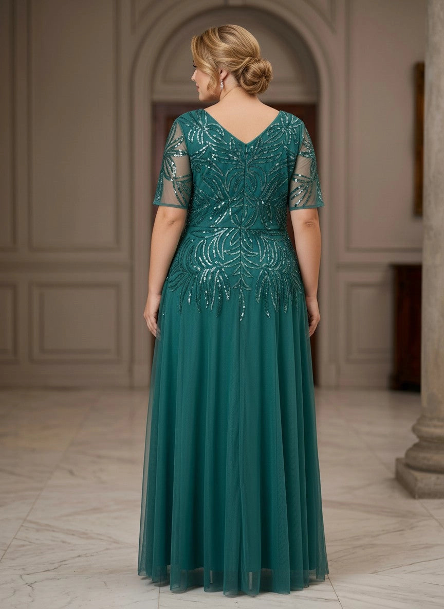 roselledress v‑back emerald beaded tulle curvy mother of bride long gown rear view