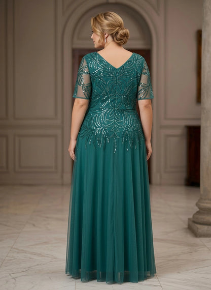 roselledress v‑back emerald beaded tulle curvy mother of bride long gown rear view