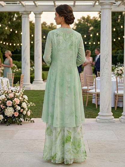 roselledress closed back green chiffon two piece evening gown floral print long sleeve jacket mother of the bride dress back view