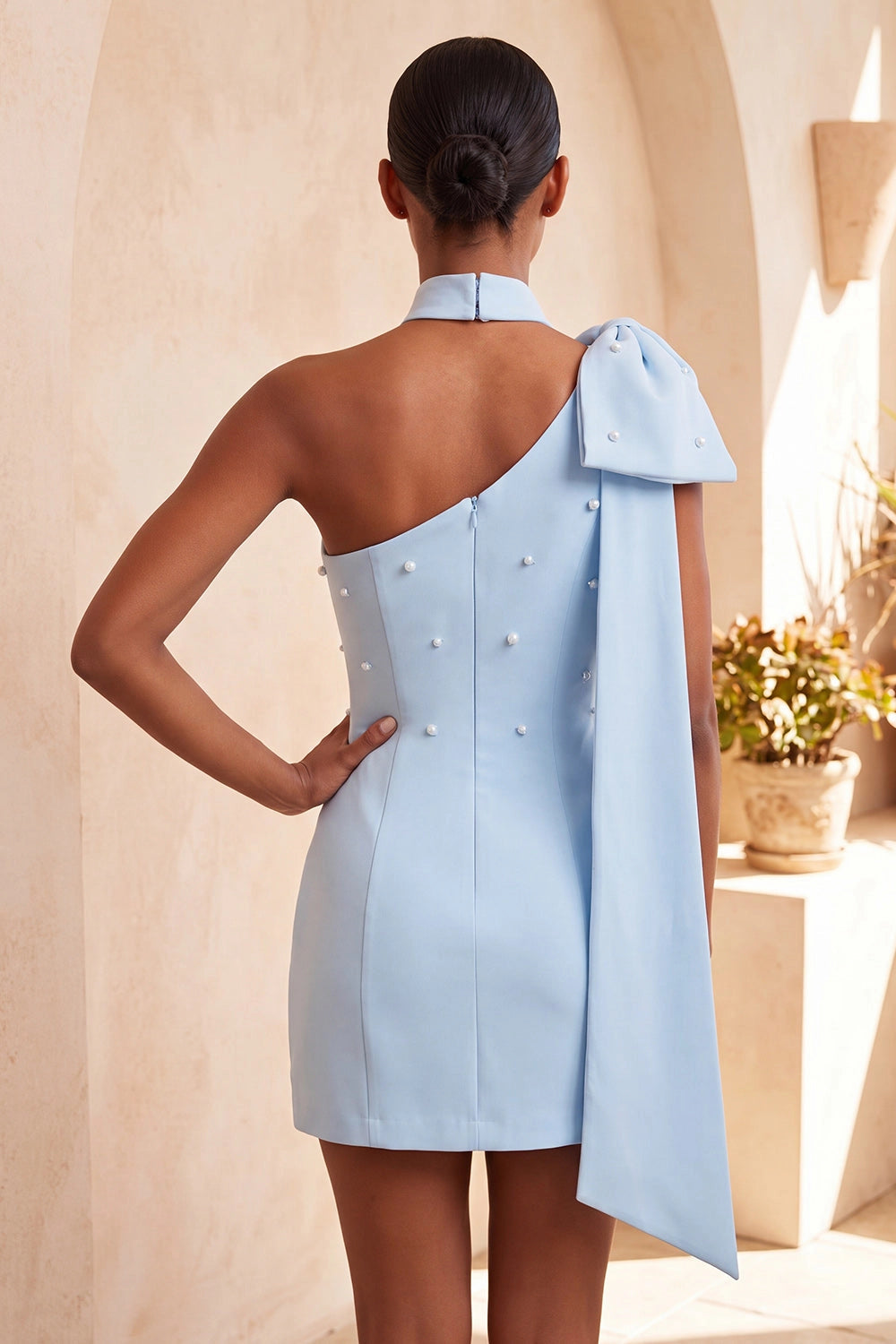 Roselle Dress sky blue sheath dress one shoulder long sash plain back pearl mini homecoming dress rear view