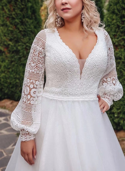 Boho‑chic A‑Line Deep‑V Bell‑Sleeve Solid‑Back Floor‑Length Plus Size Wedding Dress