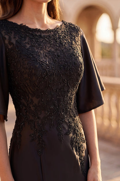 Elegant Mermaid Round Neck Flutter-Sleeve Illusion-Back Floor-Length Mother of the Bride Dresses