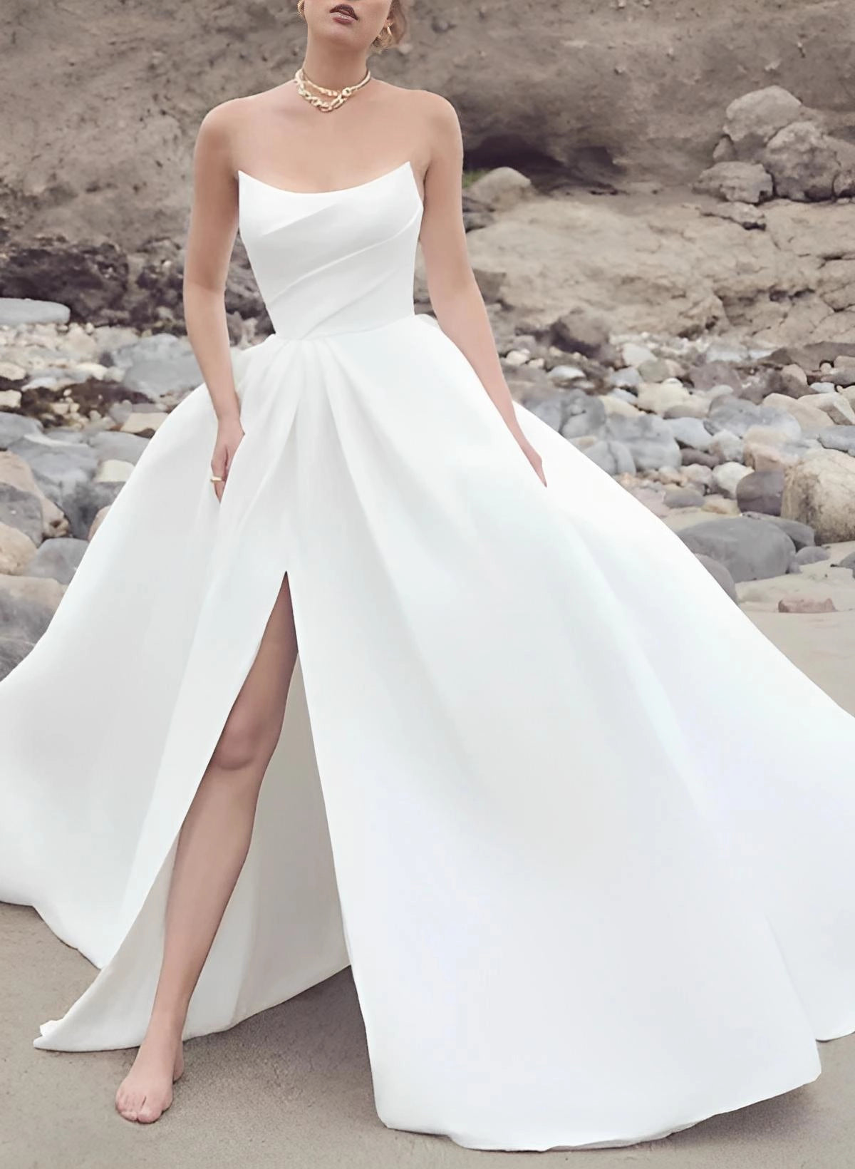 Bold A‑Line Strapless Slit Pearl‑Back Train‑Length Plus Size Wedding Dress