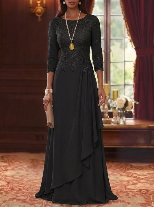 Modest A-Line Round Neck Three-Quarter-Sleeve Closed-Back Floor-Length Mother of the Bride Dresses