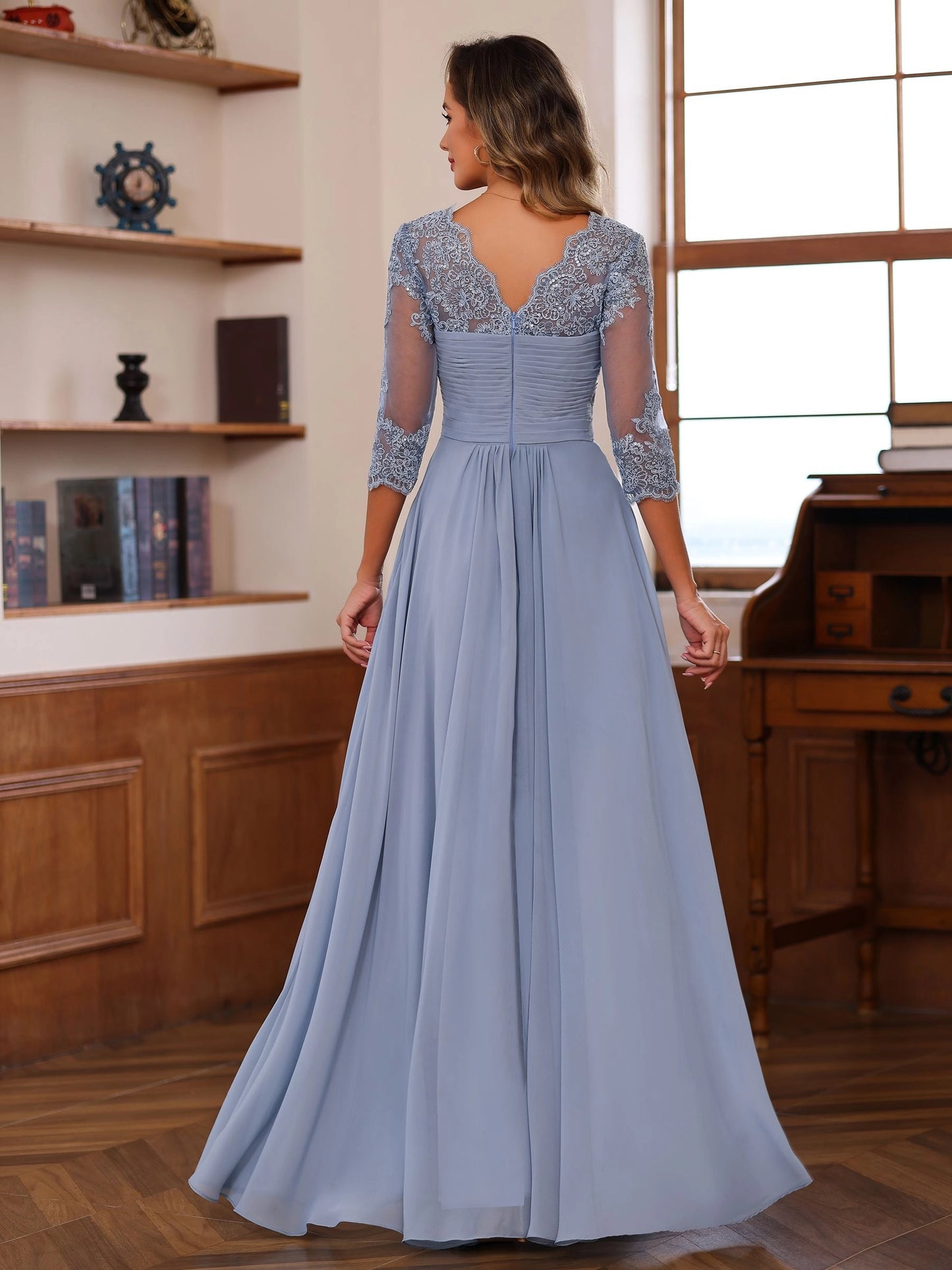 roselledress scalloped lace v back dusty blue a line maxi dress three quarter sleeve chiffon mother of the bride formal wear back view