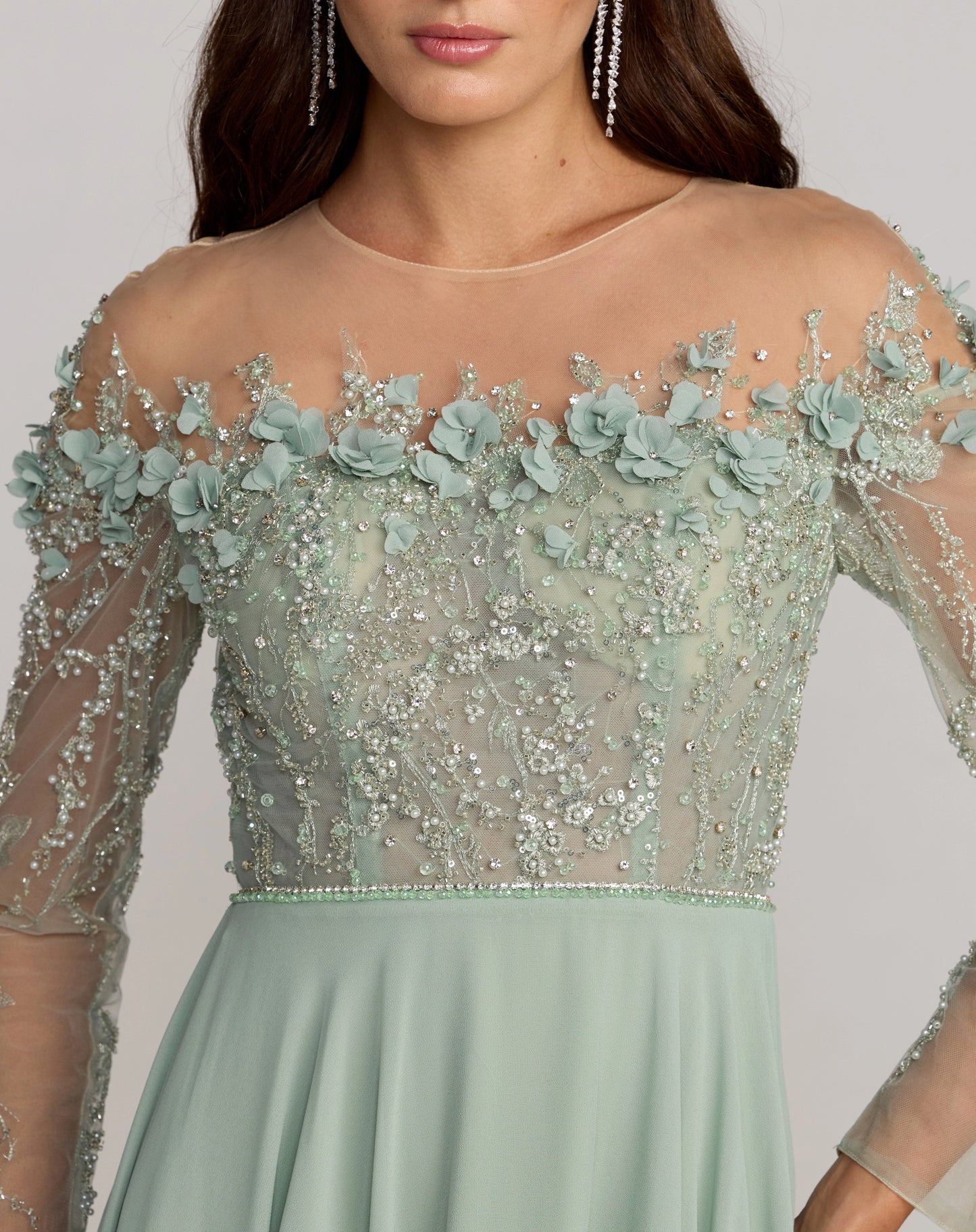 Delicate A-Line Off-Shoulder Long Sleeve Illusion-Back Floor-Length Mother of the Bride Dresses