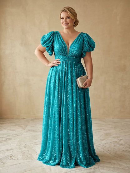 Glam A‑Line V‑Neck Puff‑Sleeve Deep‑Back Floor‑Length Plus Size Prom Dress