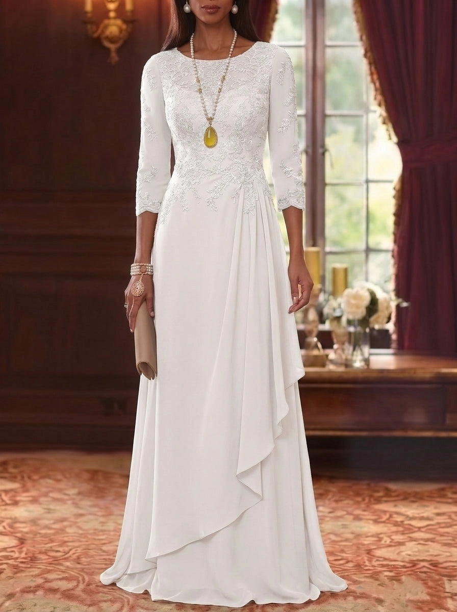 Modest A-Line Round Neck Three-Quarter-Sleeve Closed-Back Floor-Length Mother of the Bride Dresses