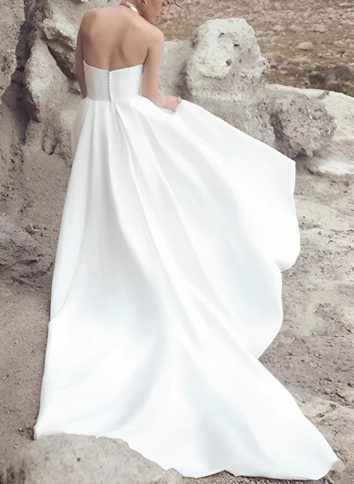 Bold A‑Line Strapless Slit Pearl‑Back Train‑Length Plus Size Wedding Dress
