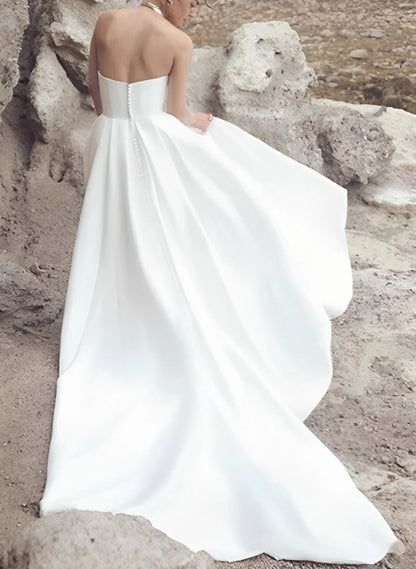 Bold A‑Line Strapless Slit Pearl‑Back Train‑Length Plus Size Wedding Dress
