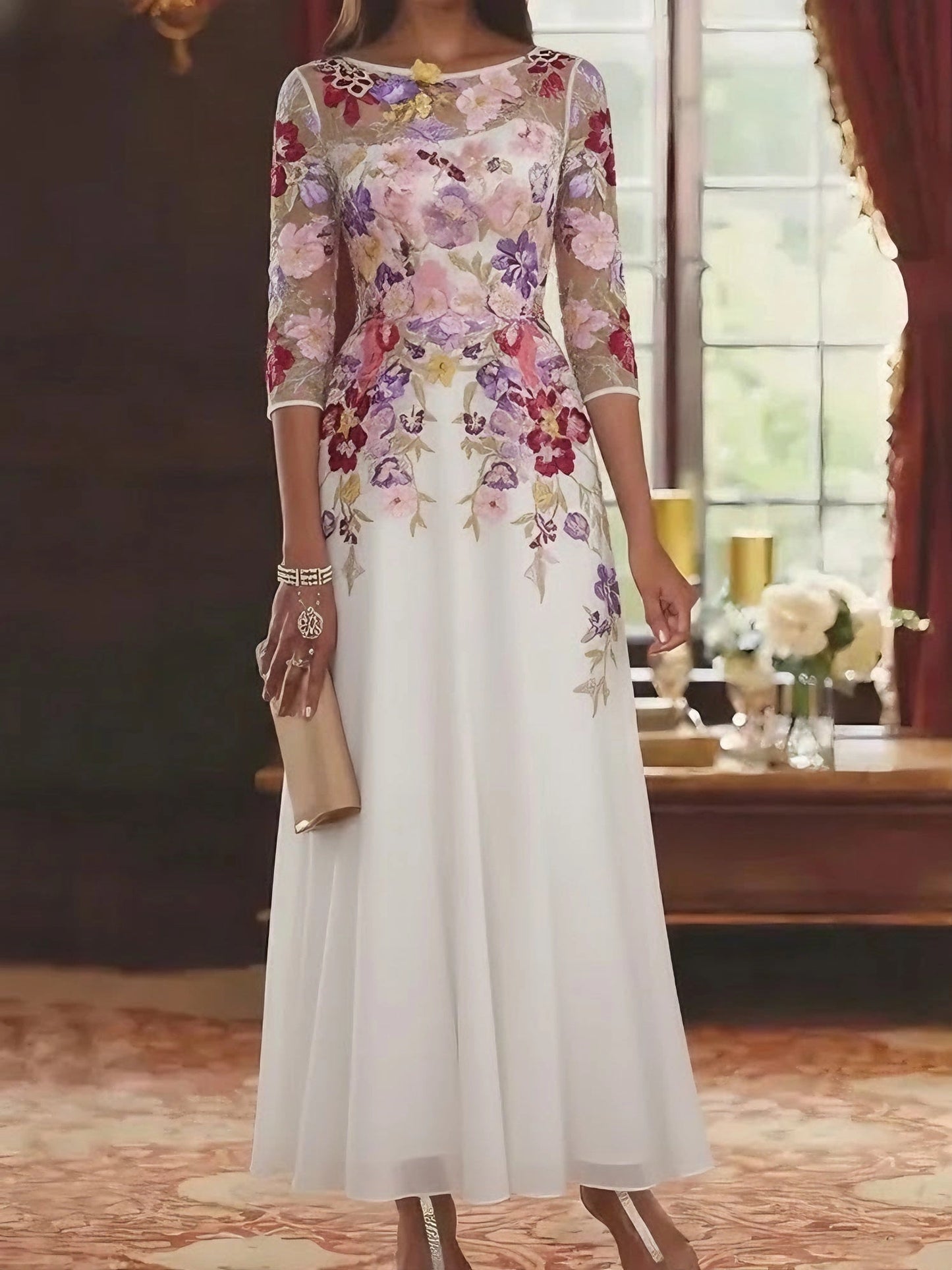 Romantic A-Line Bateau Neck Three-Quarter-Sleeve Illusion-Back Floor-Length Mother of the Bride Dresses