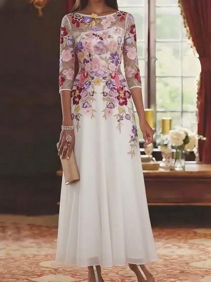 Romantic A-Line Bateau Neck Three-Quarter-Sleeve Illusion-Back Floor-Length Mother of the Bride Dresses