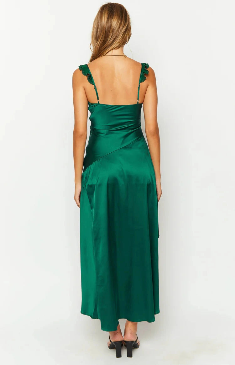 RoselleDress forest green satin adjustable ruffle strap open back wedding guest midi gown