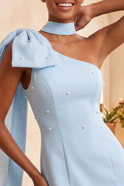 Light Blue Sheath One Shoulder Halter Plain Back Mini Homecoming Dress