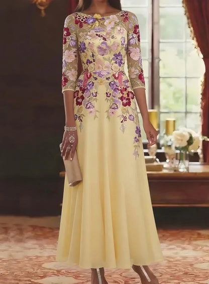 Romantic A-Line Bateau Neck Three-Quarter-Sleeve Illusion-Back Floor-Length Mother of the Bride Dresses