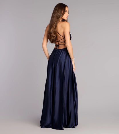 RoselleDress Dark Navy Lace Up Crisscross Back Satin Formal Party Dress Back View