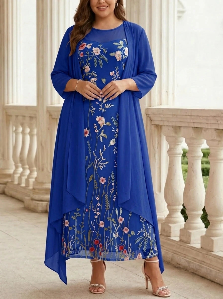 Soft A-Line Round Neck Three-Quarter-Sleeve Closed-Back Floor-Length Mother of the Bride Dresses