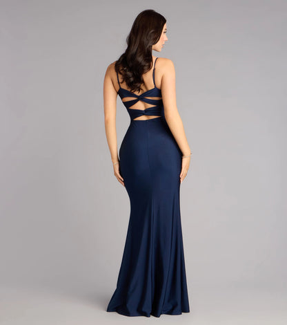 Burgundy Satin Mermaid Twist V-Neck Sleeveless Twist Cutout Back Maxi Prom Dress
