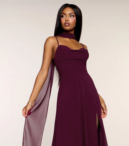 Plum Chiffon A-Line Cowl Sleeveless Lace Up Streamer Back Maxi  Prom Dress