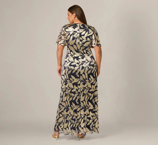 roselledress closed back navy gold leaf chiffon maxi dress wrap front slit plus size mother of the bride formal wear back view