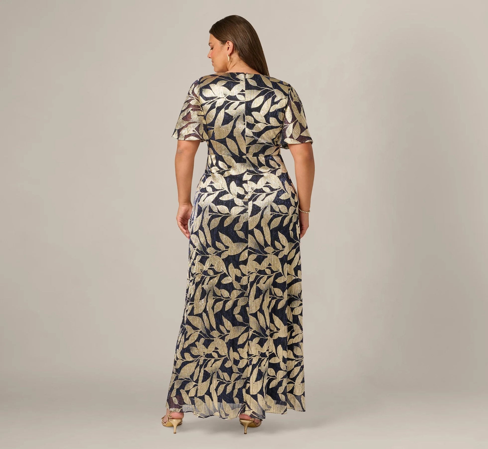 roselledress closed back navy gold leaf chiffon maxi dress wrap front slit plus size mother of the bride formal wear back view
