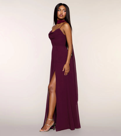 Plum Chiffon A-Line Cowl Sleeveless Lace Up Streamer Back Maxi  Prom Dress