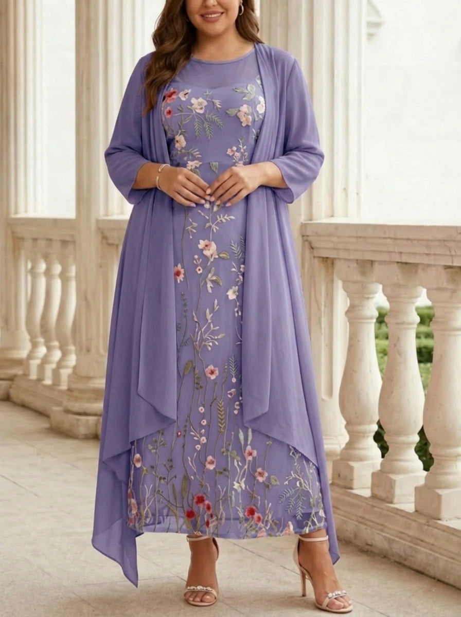 Soft A-Line Round Neck Three-Quarter-Sleeve Closed-Back Floor-Length Mother of the Bride Dresses