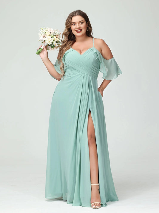 Romantic A‑Line V‑Neck Off Shoulder Keyhole Back Floor‑Length Sage Green Chiffon Slit Plus Size Bridesmaid dress